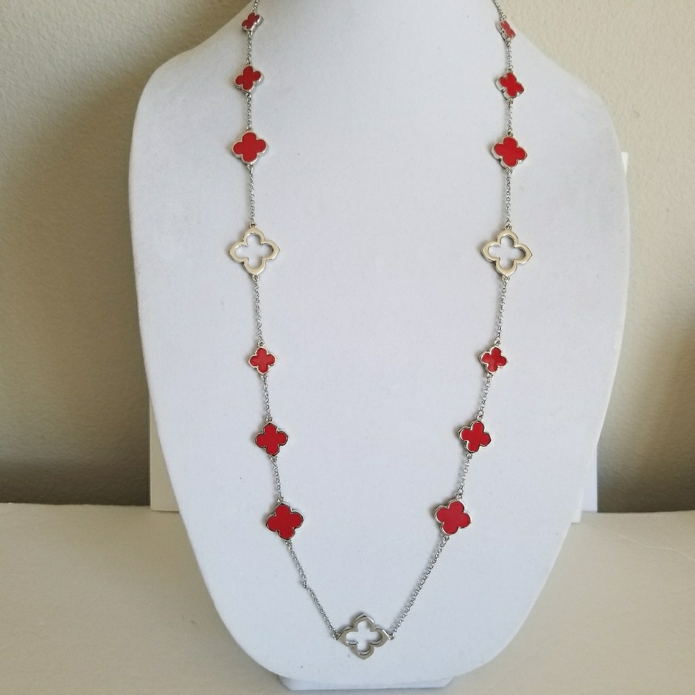 Clover Silver necklace,four Leaf red clover, 36" Long,Brand New